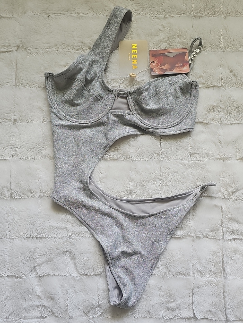 NEENA Silver One-Shoulder Cutout Bodysuit
